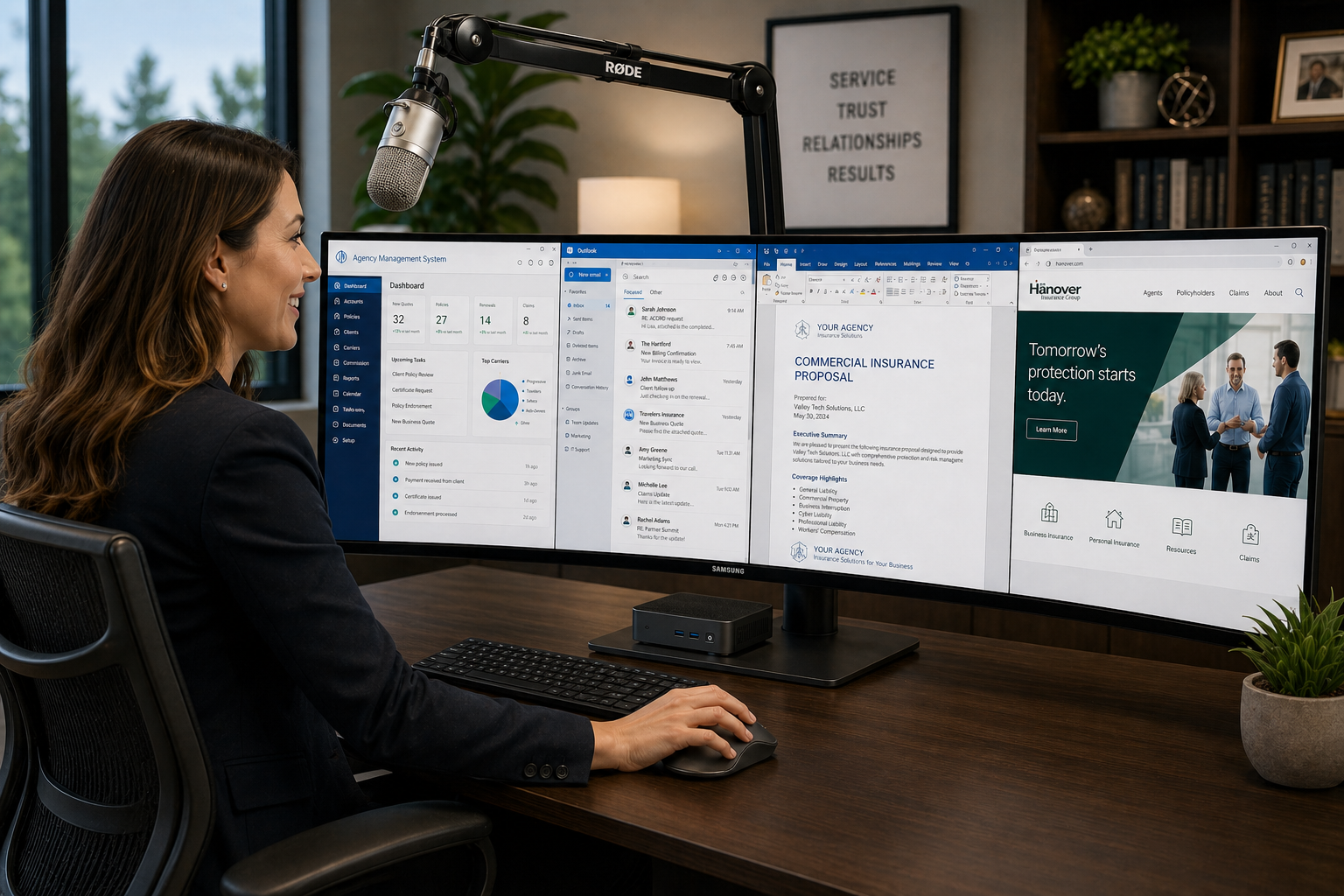 Professional woman working at a widescreen business monitor
